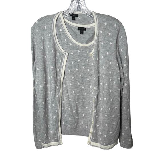 Talbots Petites Gray Polka Dot Cashmere Cotton Cardigan Twinset MP Read - Picture 1 of 8
